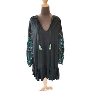 Free people tunic dress mixed media beaded flowy L blue green NWOT